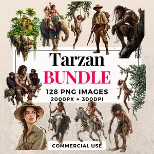 128 Tarzan clipartbundel - Instant Download, Jungle Explorer-illustraties, PNG-afbeeldingen, transparante achtergrond, commercieel gebruik. THS003