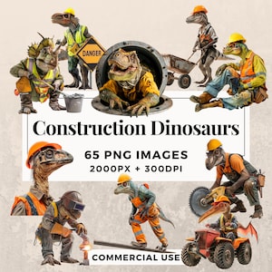 Pack de 65 cliparts dinosaures de la construction TÉLÉCHARGEMENT IMMÉDIAT 65 puissants dinosaures constructeurs, arrière-plan PNG transparent, usage commercial. THS003