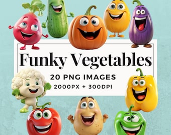 20 Funky Vegetables Clipart Pack INSTANT DOWNLOAD 20 Funky Vegetable Illustrations, PNG Transparent Background, Commercial Use. THS004