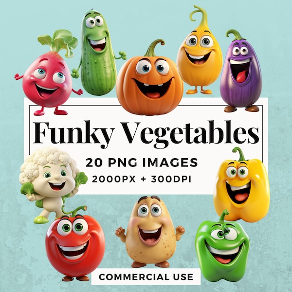 20 Funky Vegetables Clipart Pack INSTANT DOWNLOAD 20 Funky Vegetable Illustrations, PNG Transparent Background, Commercial Use. THS004