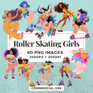 Pack de 60 cliparts filles patinage à roulettes - TÉLÉCHARGEMENT IMMÉDIAT, arrière-plan PNG transparent, usage personnel et commercial. THS004