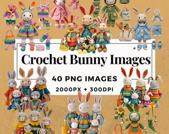 40 Crochet Bunny Images Clipart Pack INSTANT DOWNLOAD 40 Crocheted Bunny Illustrations, PNG Transparent Background, Commercial Use. THS002