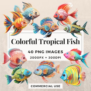 Ensemble de 40 cliparts de poissons tropicaux colorés TÉLÉCHARGEMENT IMMÉDIAT 40 illustrations de poissons sous-marins, arrière-plan PNG transparent, usage commercial. THS003