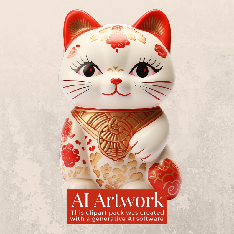 May include: White ceramic lucky cat figurine with red and gold accents. The cat is sitting with its right paw raised, a traditional symbol of good fortune. The cat has a red collar with gold accents and is decorated with red and gold flowers.