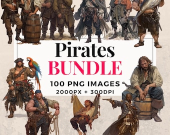 May include: A digital illustration of a pirate bundle with 100 PNG images. The images are 2000 pixels by 300 DPI. The images are for commercial use. The image shows a group of pirates in various poses, including a pirate with a parrot on his shoulder, a pirate with a sword, and a pirate with a treasure chest.