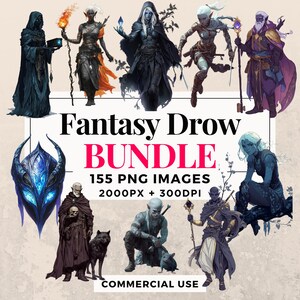 Puede incluir: Un paquete de ilustraciones digitales con personajes de Drow de fantasía. El paquete incluye 155 imágenes PNG, cada una con una resolución de 2000 píxeles por 300 DPI. Las imágenes representan a varios personajes de Drow en diferentes poses y con diferentes armas y accesorios. Los personajes están todos vestidos con ropa oscura y tienen piel pálida, cabello oscuro y ojos azules brillantes. El paquete es para uso comercial.
