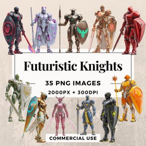 Op de afbeelding: Een verzameling futuristische ridderillustraties in verschillende kleuren, waaronder rood, zilver en goud. Elke ridder is uitgerust met een harnas, wapens en schilden. De tekst "Futuristic Knights" en "35 PNG Images" wordt weergegeven.