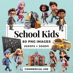 80 Paquete de imágenes prediseñadas para niños de la escuela DESCARGA INSTANTE 80 Ilustraciones adorables para niños de la escuela, fondo transparente PNG, uso comercial. THS004