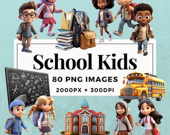 80 School Kids Clipart Pack INSTANT DOWNLOAD 80 Adorable School Kids Illustrations, PNG Transparent Background, Commercial Use. THS004