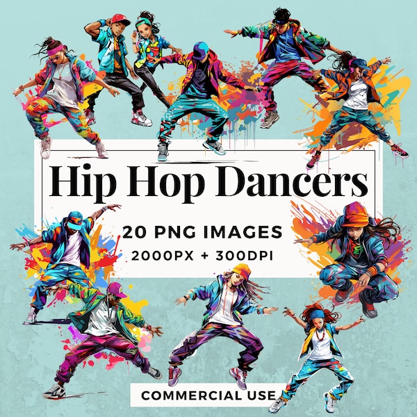 20 Paquete de imágenes prediseñadas de bailarines de hip hop DESCARGA INSTANTE 20 ilustraciones de baile de hip hop, fondo transparente PNG, uso comercial. THS004