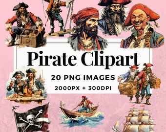 May include: A set of 20 pirate clipart images, featuring pirates, ships, and treasure. The images are in a vintage style and are perfect for use in digital projects.
