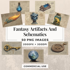 May include: A collection of fantasy-themed digital images, including a glowing blue potion bottle, a treasure chest with blue gems, a golden key, and a crystal ball. The text reads "Fantasy Artifacts And Schematics" and "50 PNG IMAGES".