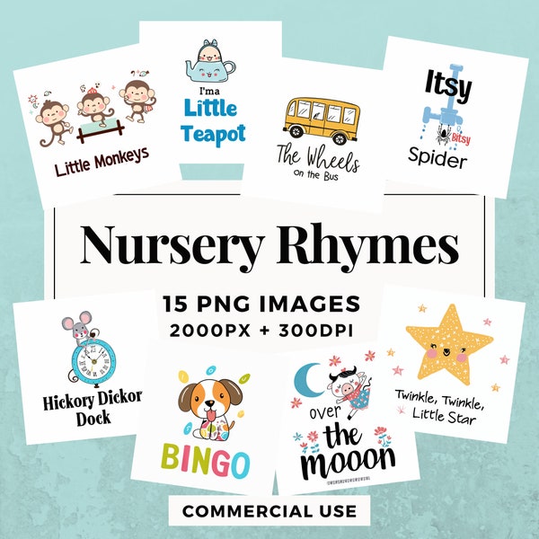 15 Nursery Rhymes Clipart Pack - INSTANT DOWNLOAD, PNG Transparent Background, Personal & Commercial Use. THS004