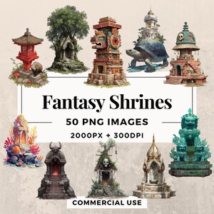 Puede incluir: Una colección de santuarios de fantasía en varios estilos, incluyendo una pagoda roja, una estructura cubierta de árboles y un santuario con una tortuga. La imagen incluye el texto "Fantasy Shrines" y "50 PNG Images".