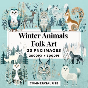 Pack de 30 cliparts d'art folklorique d'animaux d'hiver TÉLÉCHARGEMENT IMMÉDIAT 30 illustrations d'animaux confortables, arrière-plan PNG transparent, usage commercial. THS004