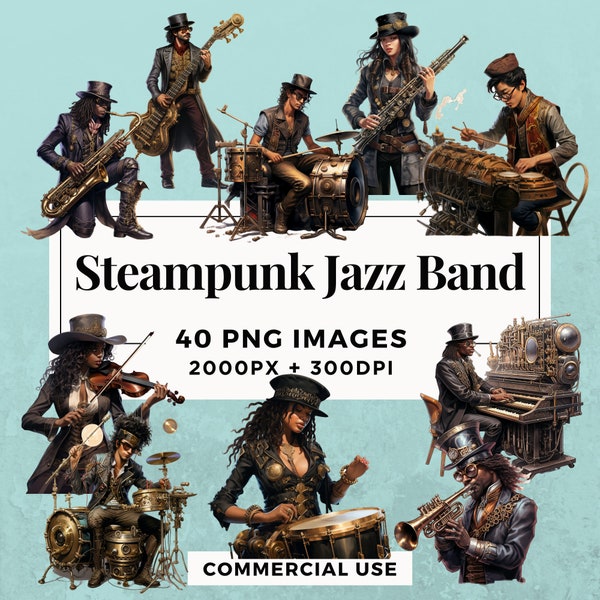 30 Steampunk Jazz Band Clipart Pack TÉLÉCHARGEMENT INSTANTANÉ 30 Illustrations de groupe de jazz Steampunk, fond transparent PNG, utilisation commerciale. THS004