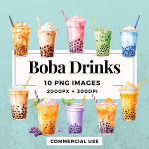 10 Boba Drinks Clipart Pack DESCARGA INSTANTE 10 Deliciosas ilustraciones de té de burbujas, fondo transparente PNG, uso comercial. THS004