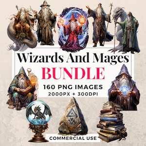 160 Wizards and Mages Clipart Bundle - Instant Download, Magical Illustrations, PNG Images, Transparent Background, Commercial Use. THS003