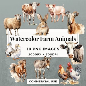 10 Watercolor Farm Animals Clipart Pack - Instant Download, PNG Images, Transparent Background, Personal & Commercial Use. THS001