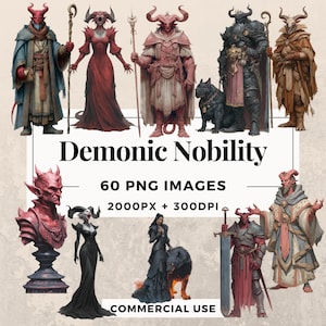 May include: Digital art featuring various demonic figures in detailed costumes. The image includes the text "Demonic Nobility" and details about the PNG images, resolution, and commercial use.
