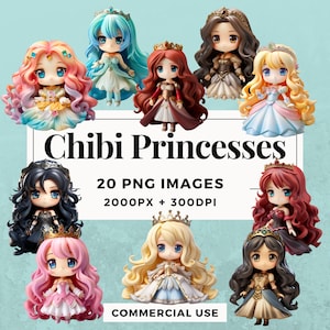 20 Chibi Princesses Clipart Pack INSTANT DOWNLOAD 20 Chibi Princess Illustrations, PNG Transparent Background, Commercial Use. THS004