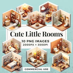 10 Cute Little Rooms Clipart Pack INSTANT DOWNLOAD 10 Adorable Room Illustrations, PNG Transparent Background, Commercial Use. THS004