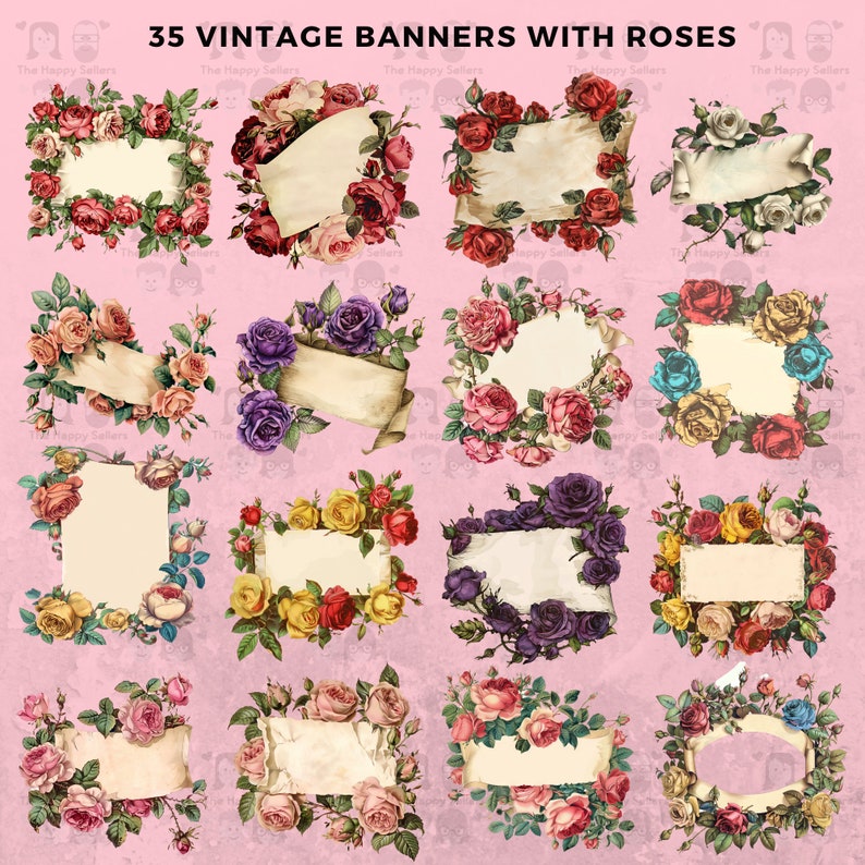 35 Vintage Banners With Roses Clipart Pack - INSTANT DOWNLOAD, PNG ...