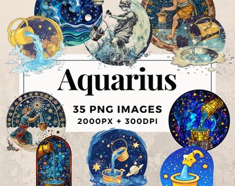 35 Aquarius Clipart Pack INSTANT DOWNLOAD 35 Zodiac Illustrations, PNG Transparent Background, Commercial and Personal Use. THS003