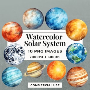 10 aquarel zonnestelsel clipart pack INSTANT DOWNLOAD 10 zonnestelsel illustraties, PNG transparante achtergrond, commercieel gebruik. THS001