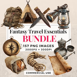 157 ファンタジー旅行必需品クリップアート バンドル - 即時ダウンロード、PNG 画像、透明な背景、個人および商業使用。THS003