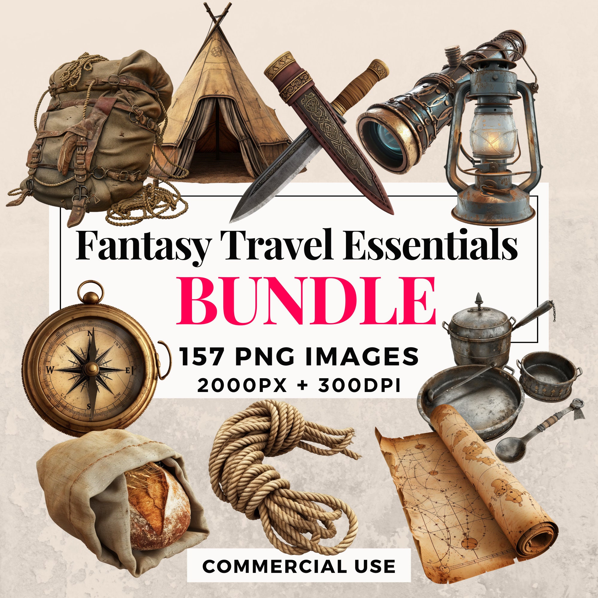 157 Fantasy Travel Essentials Clipart Bundle - Instant Download, PNG Images, Transparent Background, Personal & Commercial Use. THS003