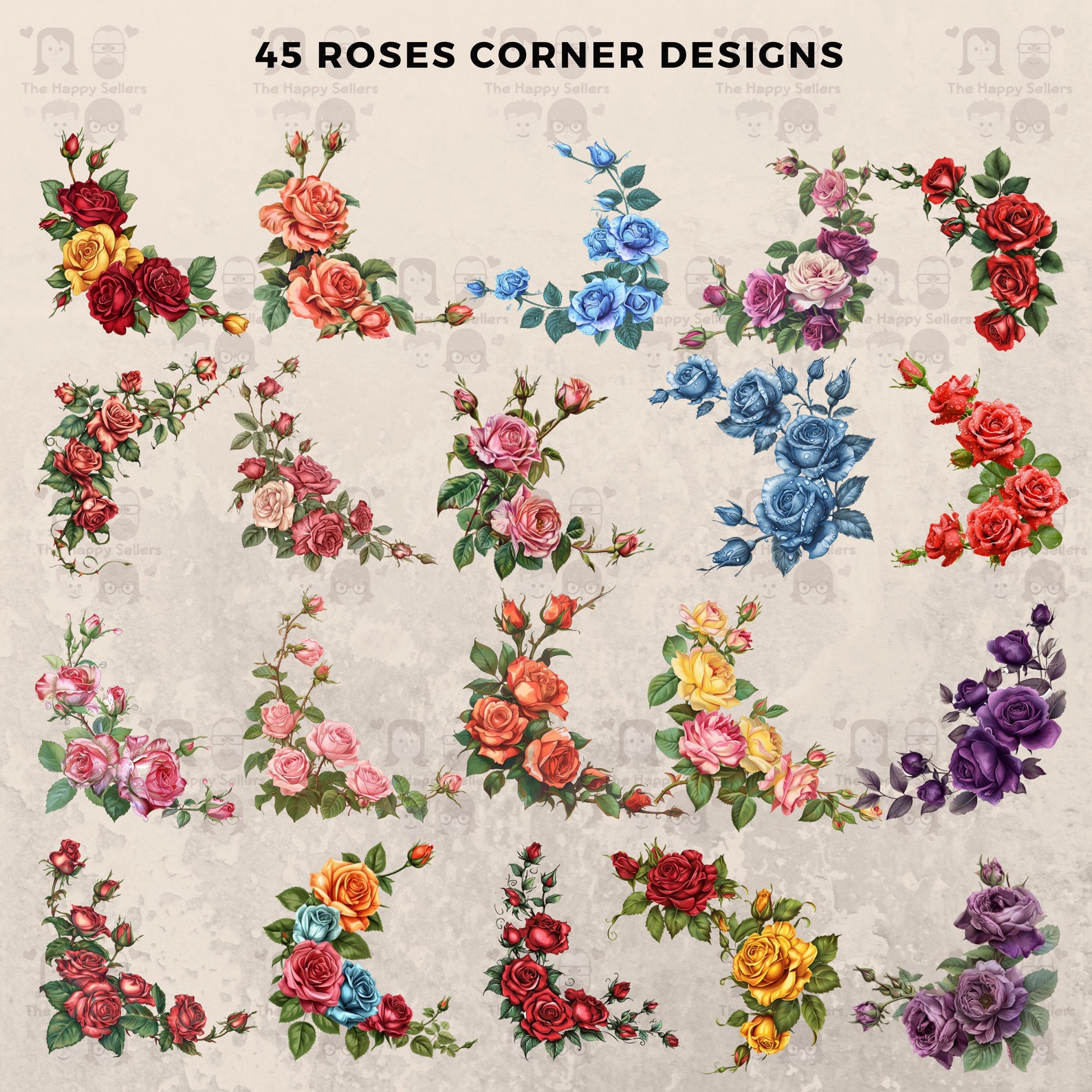 45 Roses Corner Designs Clipart Pack INSTANT DOWNLOAD 45 Elegant Rose ...