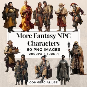 ファンタジーNPCのクリップアートパック60種類以上、即時ダウンロード。60種類のキャラクターイラスト、PNG透明背景、個人・商用可。THS003