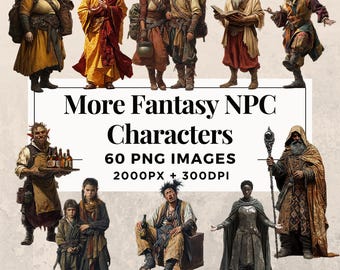60 More Fantasy NPCs Clipart Pack INSTANT DOWNLOAD 60 Character Illustrations, PNG Transparent Background, Personal & Commercial. THS003