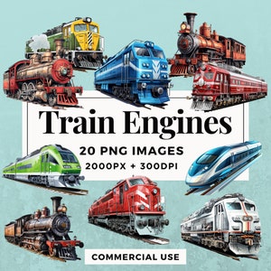Paquete de imágenes prediseñadas de 20 motores de tren DESCARGA INSTANTE 20 ilustraciones de locomotoras, fondo transparente PNG, uso personal y comercial. THS004