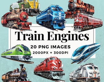 20 Train Engines Clipart Pack INSTANT DOWNLOAD 20 Locomotive Illustrations, PNG Transparent Background, Personal & Commercial Use. THS004