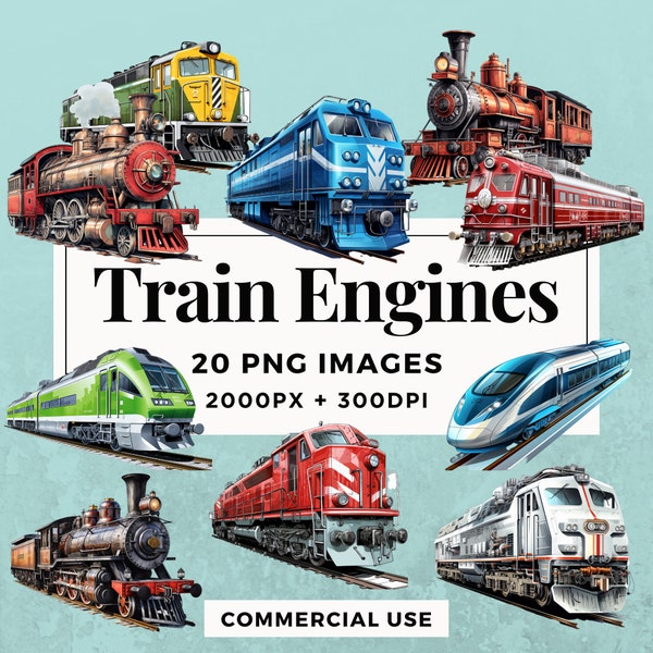 20 Train Engines Clipart Pack INSTANT DOWNLOAD 20 Locomotive Illustrations, PNG Transparent Background, Personal & Commercial Use. THS004