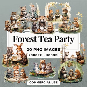 20 Forest Tea Party-clipartpakket INSTANT DOWNLOAD 20 illustraties van een Forest Tea Party, transparante PNG-achtergrond, commercieel gebruik. THS001