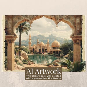 May include: A digital illustration of a mosque with a pool in front of it. The mosque is surrounded by palm trees and mountains. The image is framed by an archway.