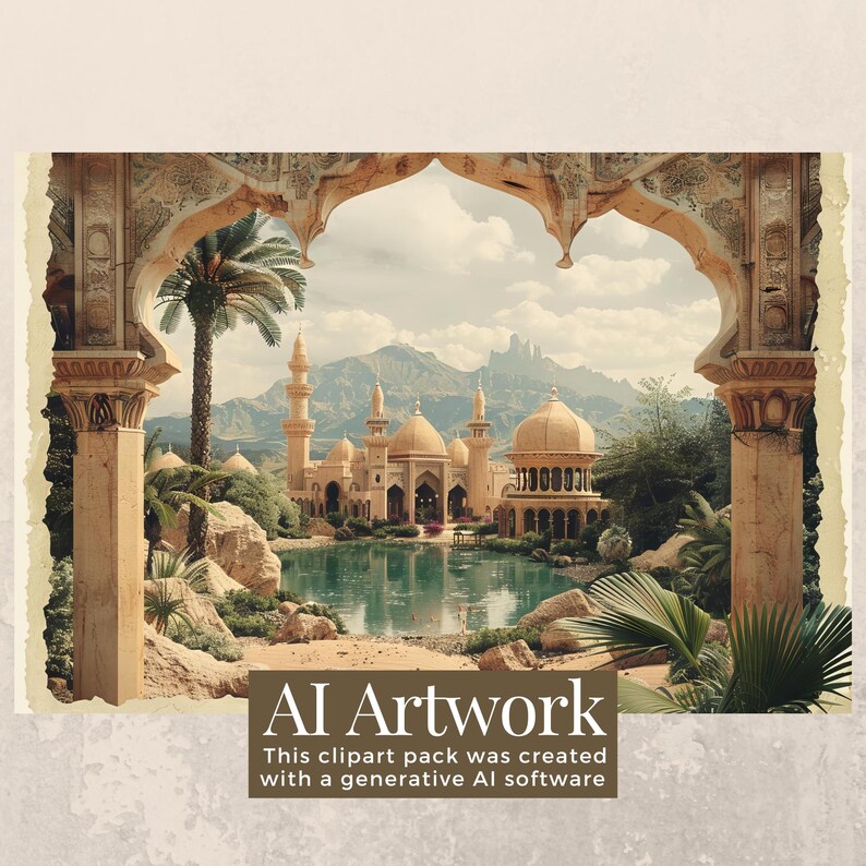 May include: A digital illustration of a mosque with a pool in front of it. The mosque is surrounded by palm trees and mountains. The image is framed by an archway.