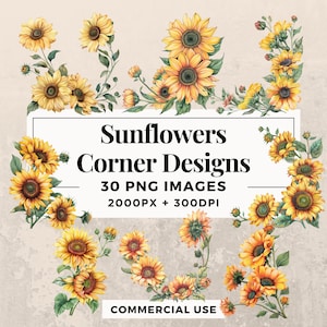 Pack de 30 dessins de tournesols en coin - TÉLÉCHARGEMENT IMMÉDIAT, arrière-plan PNG transparent, usage personnel et commercial. THS003