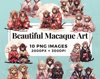 10 Beautiful Macaque Art Clipart Pack INSTANT DOWNLOAD 10 Macaque Illustrations, PNG Transparent Background, Commercial Use. THS004
