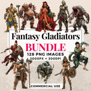 128 ファンタジー剣闘士クリップアート バンドル - 即時ダウンロード、PNG 画像、透明な背景、個人および商業使用。THS003