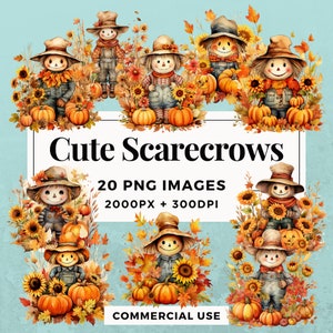 20 Cute Scarecrows Clipart Pack INSTANT DOWNLOAD 20 Adorable Scarecrow Illustrations, PNG Transparent Background, Commercial Use. THS004