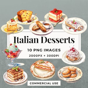 10 Italian Desserts Clipart Pack INSTANT DOWNLOAD 10 Italian Dessert Illustrations, PNG Transparent Background, Commercial Use. THS001