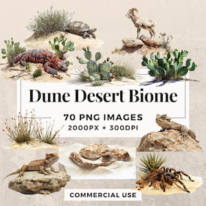 70 Dune Desert Biome Clipart Pack NATYCHMIASTOWE POBIERANIE 70 ilustracji krajobrazów pustynnych, przezroczyste tło PNG, do użytku komercyjnego. THS003