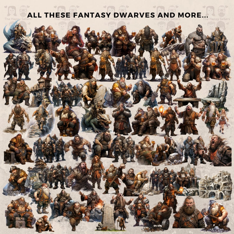 144 Fantasy Dwarves Clipart Bundle Instant Download, Dwarf Illustrations, PNG Images, Transparent Background, Commercial Use. THS003 image 3