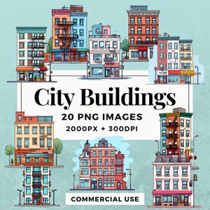 Paquete de imágenes prediseñadas de 20 edificios de la ciudad DESCARGA INSTANTE 20 ilustraciones de edificios, fondo transparente PNG, uso personal y comercial. THS004