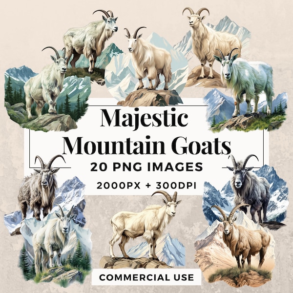 20 Majestic Mountain Goats Clipart Pack INSTANT DOWNLOAD 20 Mountain Goat Illustrations, PNG Transparent Background, Commercial Use. THS003