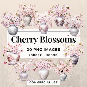 20 Cherry Blossoms Clipart Pack NATYCHMIASTOWE POBIERANIE 20 delikatnych ilustracji kwiatów wiśni, PNG Przezroczyste tło, Wykorzystanie komercyjne. THS003